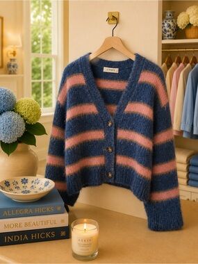 l*space Navy and Pink Striped Button Cardigan